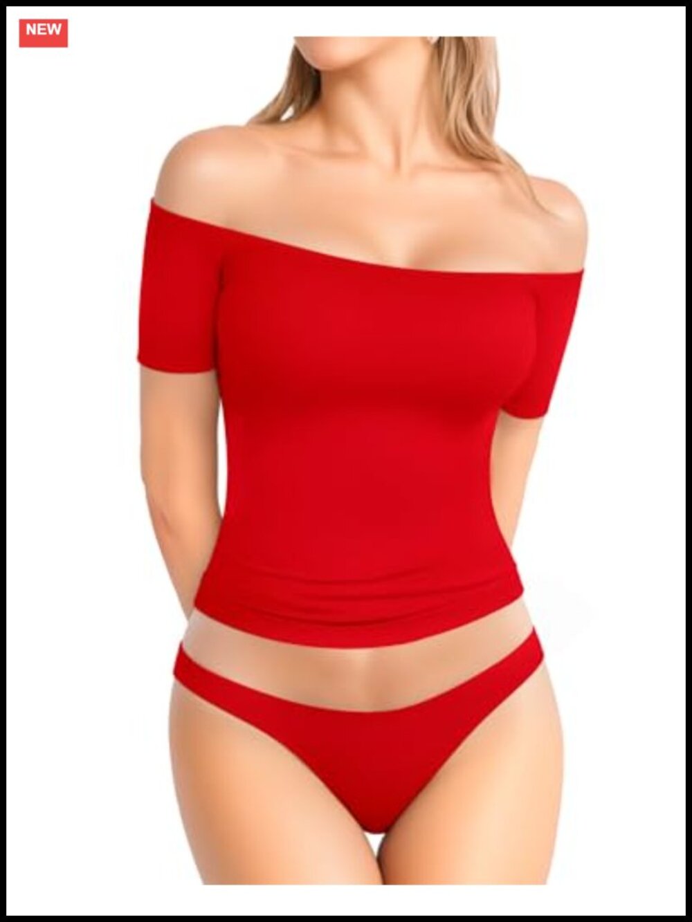 Off Shoulder Short Sleeve Fitted Top Cotton Blend Stretchy